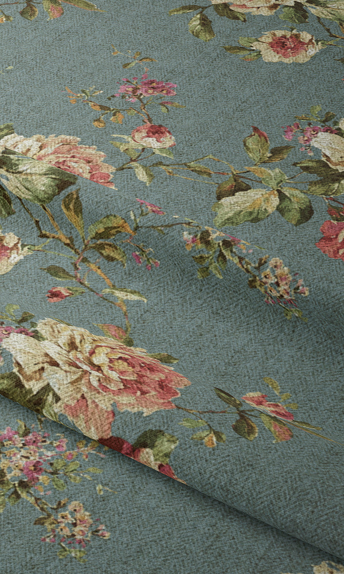 Floral Country Fabric Material By the Metre (Blue & Pink)