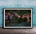 A framed photograph of two moose standing in a body of water, with one moose appearing to be feeding the other.