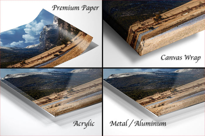 four different views of a landscape photograph, including a close-up of the photograph, a canvas wrap, an acrylic print, and a metal/aluminum print.