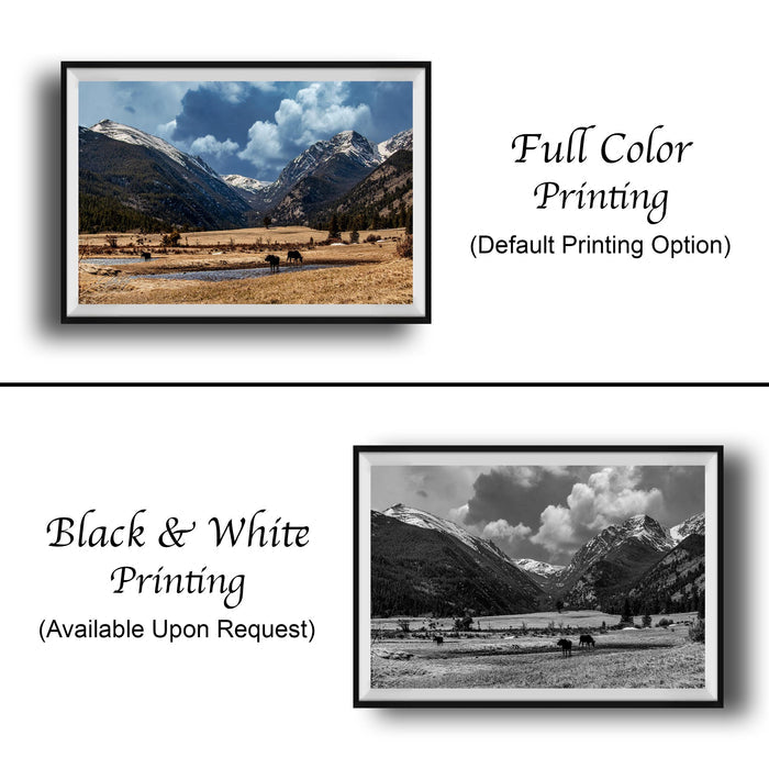 The image is a collage of two framed pictures. The top picture is a full color print of a mountainous landscape, while the bottom picture is a black and white print of the same landscape. Both pictures are framed and available upon request.