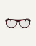Face shot of Bonnie Clyde Moth optical frames in red tortoise with clear lenses.