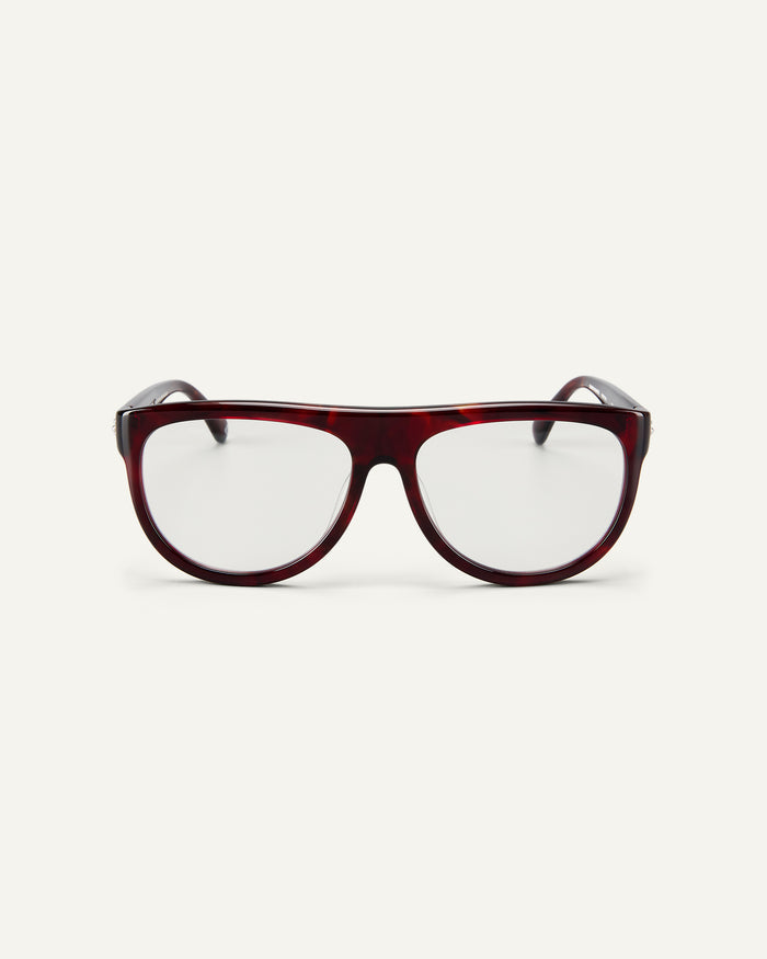 Face shot of Bonnie Clyde Moth optical frames in red tortoise with clear lenses.
