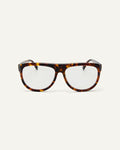 Face shot of Bonnie Clyde Moth optical frames in tortoise with clear lenses.