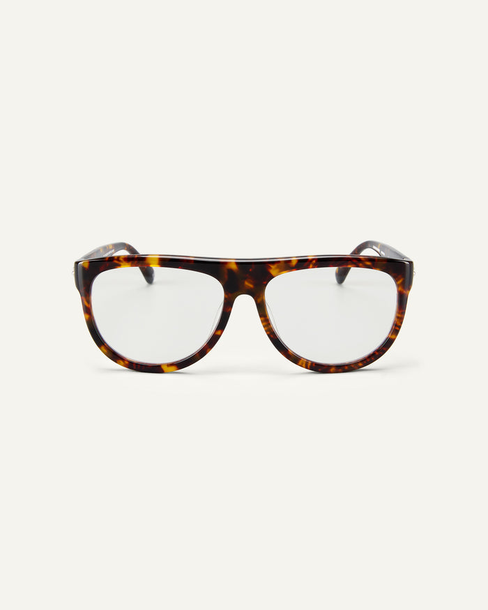 Face shot of Bonnie Clyde Moth optical frames in tortoise with clear lenses.