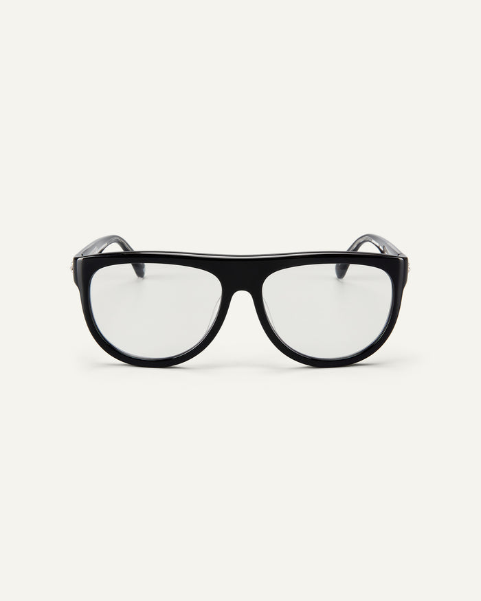 Face shot of Bonnie Clyde Moth optical frames in black with clear lenses.