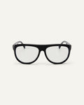 Face shot of Bonnie Clyde Moth optical frames in black with clear lenses.