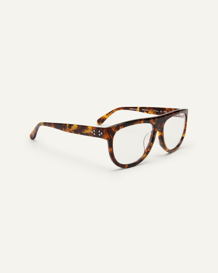 Side shot of Bonnie Clyde Moth optical frames in tortoise with clear lenses.