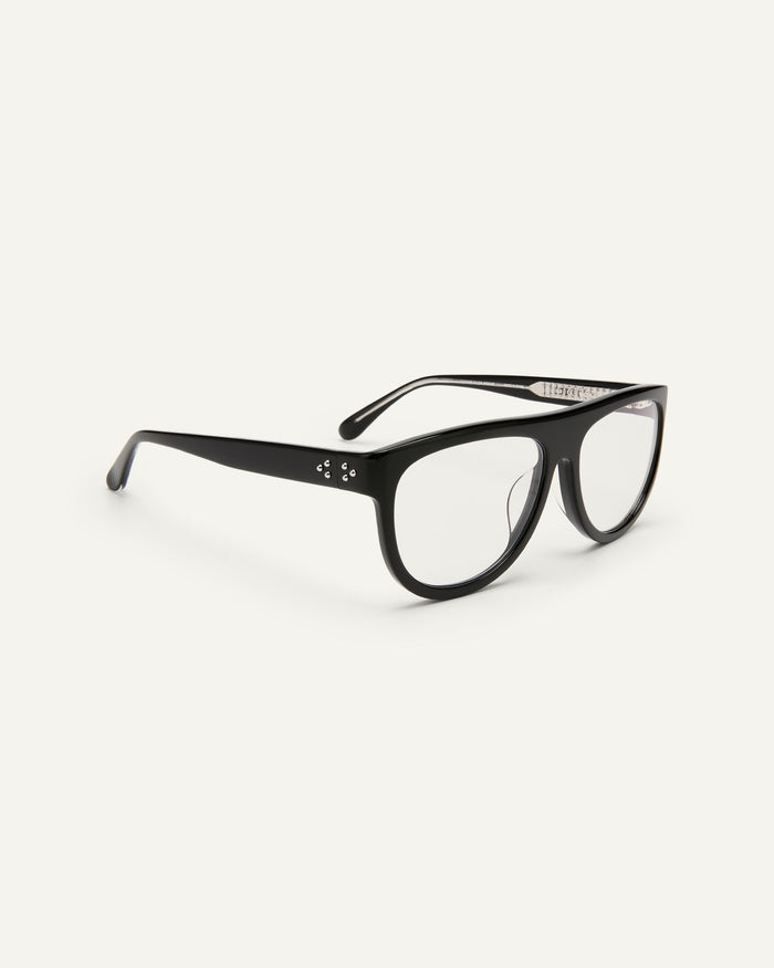 Side shot of Bonnie Clyde Moth optical frames in black with clear lenses.
