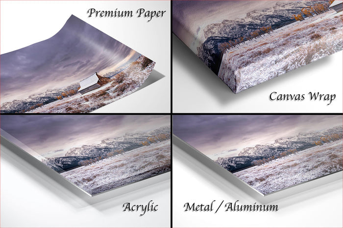 The image is a collage of four different images, each depicting a snowy landscape with mountains in the background. The images are labeled as "Premium Paper", "Canvas Wrap", "Acrylic", and "Metal/Aluminum".