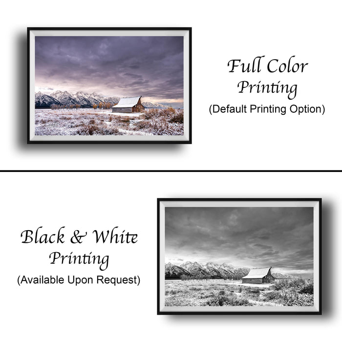 The image is a collage of two framed pictures. The top picture is a full color print of a snowy landscape with a barn in the distance, while the bottom picture is a black and white print of the same snowy landscape. Both pictures are framed and available upon request.