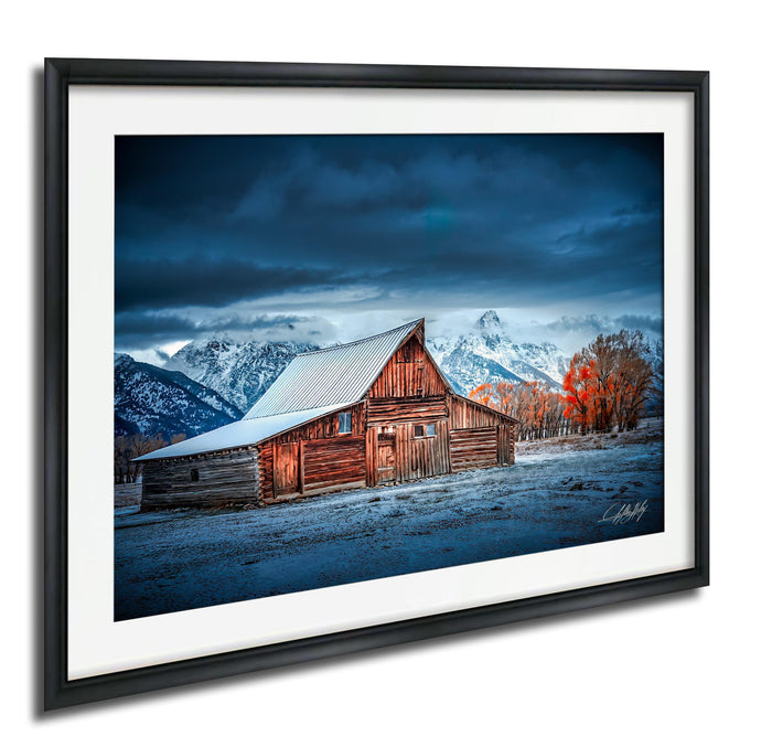 Grand Teton photography, Moulton Barn print, Jackson Hole wall art, Wyoming landscape photo, rustic farmhouse decor, snow mountain photography, autumn nature print, blue hour fine art, western barn photo, scenic American West, Teton sunrise photo, rustic wall decor, fine art landscape print, cabin lodge wall art, national park photography, collectible fine art photo, mountain view decor, nature wall print, serene landscape artwork, limited edition wall art