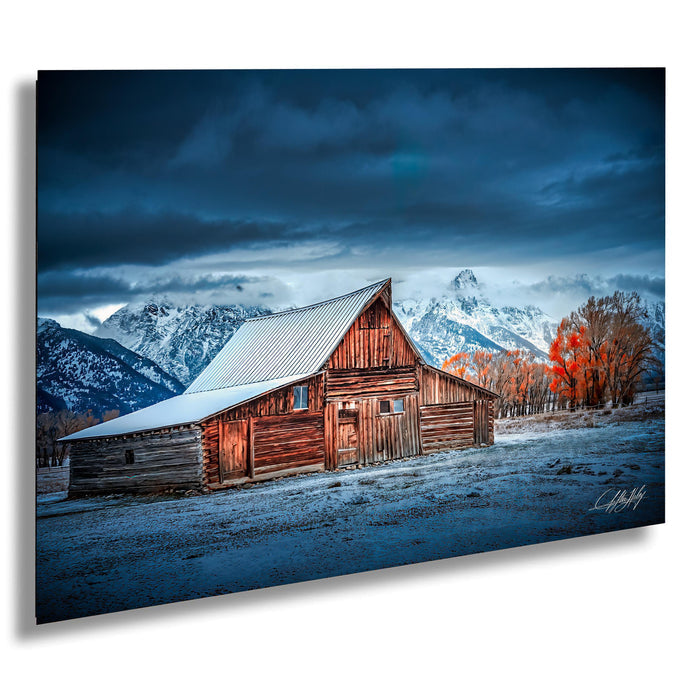 Grand Teton photography, Moulton Barn print, Jackson Hole wall art, Wyoming landscape photo, rustic farmhouse decor, snow mountain photography, autumn nature print, blue hour fine art, western barn photo, scenic American West, Teton sunrise photo, rustic wall decor, fine art landscape print, cabin lodge wall art, national park photography, collectible fine art photo, mountain view decor, nature wall print, serene landscape artwork, limited edition wall art