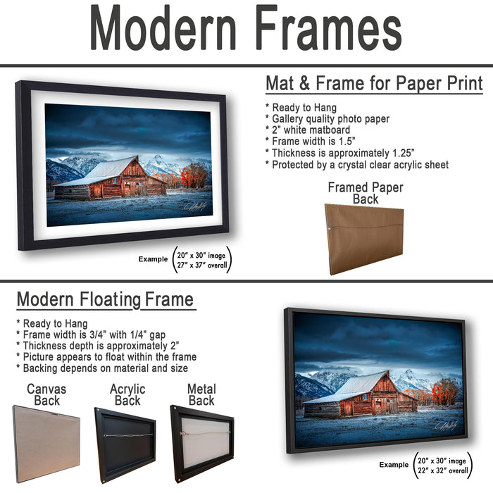 The image is a collage of two framed pictures, one of a barn and the other of a snowy mountain landscape. The collage features a variety of frame options, including a mat and frame for paper print, a modern floating frame, and a framed paper back. The images are described in detail, providing examples of the different frame sizes and materials.