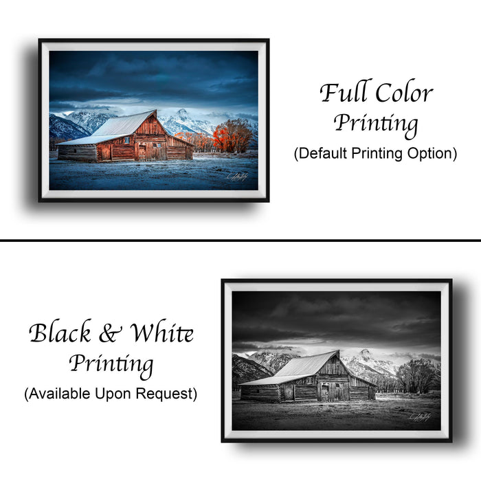 The image is a collage of two framed pictures. The top picture is a full color print of a barn with a mountain backdrop, while the bottom picture is a black and white print of the same barn. Both pictures are framed and available upon request.