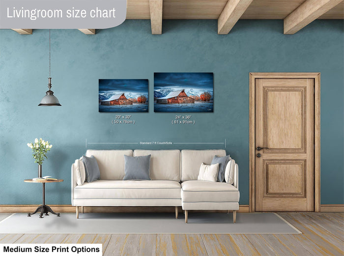Grand Teton photography, Moulton Barn print, Jackson Hole wall art, Wyoming landscape photo, rustic farmhouse decor, snow mountain photography, autumn nature print, blue hour fine art, western barn photo, scenic American West, Teton sunrise photo, rustic wall decor, fine art landscape print, cabin lodge wall art, national park photography, collectible fine art photo, mountain view decor, nature wall print, serene landscape artwork, limited edition wall art