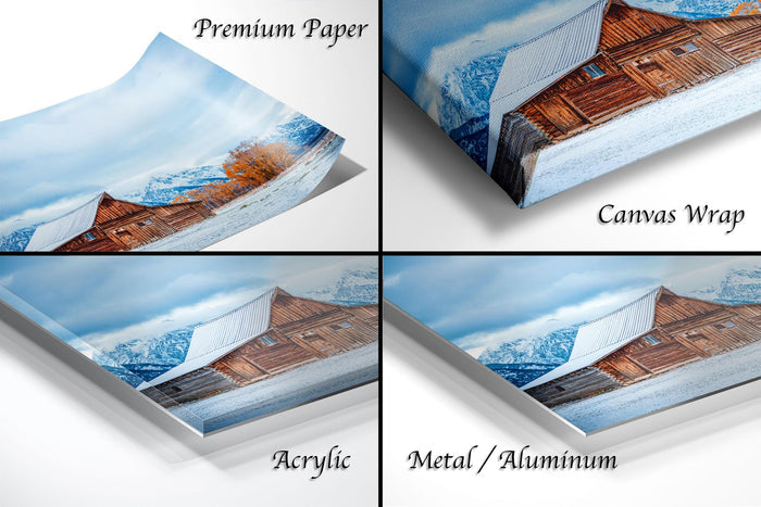 The image is a collage of four different views of a wooden cabin in a snowy landscape, with each view labeled as either "Premium Paper", "Canvas Wrap", "Acrylic", or "Metal/Aluminum".