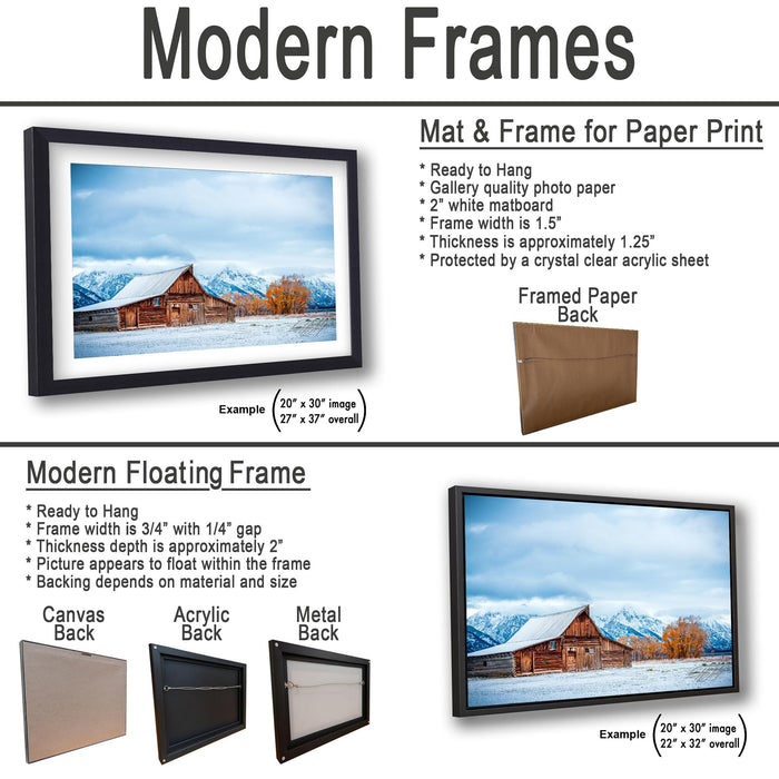 The image is a collage of two framed pictures, one of a snowy mountain landscape and the other of a wooden cabin. The collage features a variety of frame options, including a mat and frame for paper print, a modern floating frame, and a framed paper back. The images are described in detail, providing specific dimensions and materials for each frame option.
