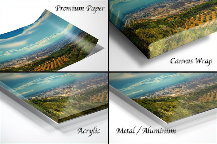 The image is a collage of four different images, each depicting a landscape scene. The images are labeled as "Premium Paper", "Canvas Wrap", "Acrylic", and "Metal/Aluminum".