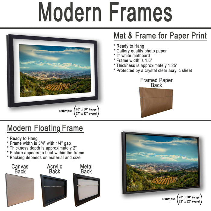 The image is a collage of three framed pictures, each with different frame types and backings. The first frame is a mat and frame for a paper print, the second frame is a modern floating frame, and the third frame is a mat and frame for a paper print.
