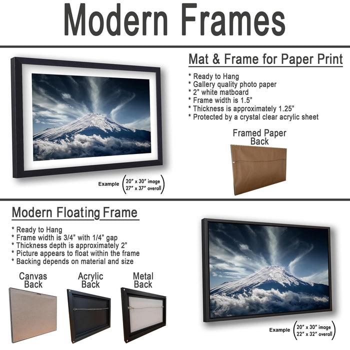 The image is a comparison of modern frames and floating frames for displaying photographs. It shows two different types of frames: a mat and a frame for paper print, and a modern floating frame for hanging. The image provides examples of the sizes and materials of these frames, as well as their intended uses.
