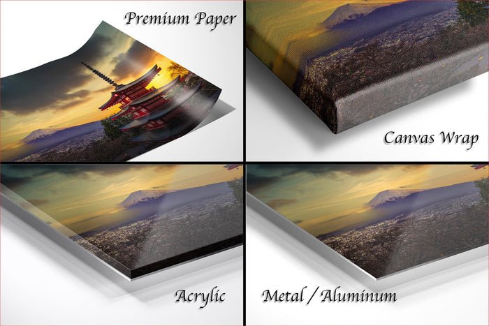 The image is a collage of four photos depicting a sunset over a mountainous landscape, with the text "Premium Paper", "Canvas Wrap", "Acrylic", and "Metal/Aluminum" indicating the materials used for the prints.