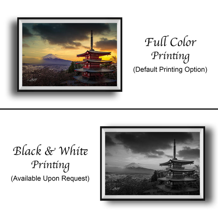 The image is a collage of two framed pictures. The top picture is a full color print of a pagoda, while the bottom picture is a black and white print of the same pagoda. Both pictures are framed and displayed side by side.
