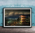 A framed photograph of a traditional Japanese pagoda, illuminated at night against a backdrop of a mountainous landscape and a cloudy sky.