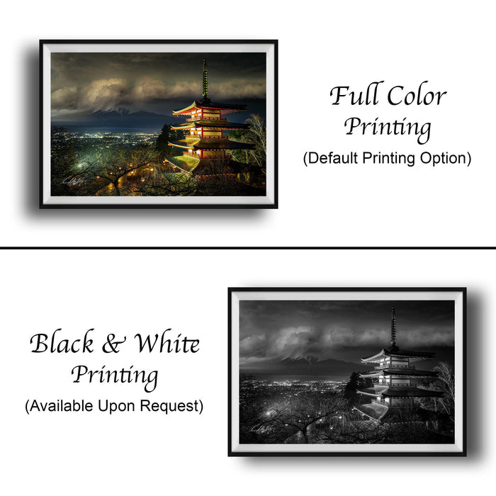 The image is a collage of two framed pictures. The top picture is a full-color print of a pagoda at night, while the bottom picture is a black and white print of the same pagoda. Both pictures are framed and available upon request.