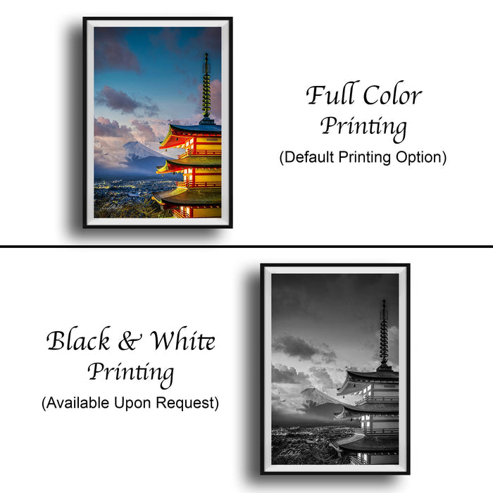 The image is a collage of two framed pictures. The top picture is a full color print of a pagoda, while the bottom picture is a black and white print of the same pagoda. Both pictures are framed and available upon request.