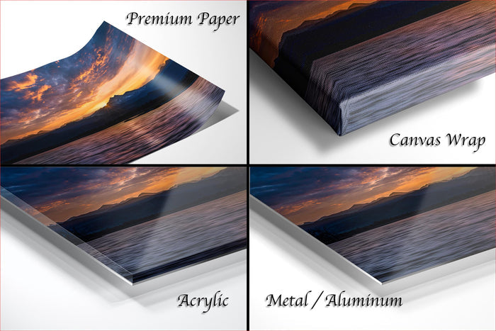 The image is a collage of four different images, each depicting a sunset over a body of water. The images are labeled as "Premium Paper", "Canvas Wrap", "Acrylic", and "Metal/Aluminum".