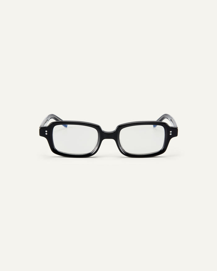 Face shot of Bonnie Clyde Mouse optical frames in black with clear lenses.