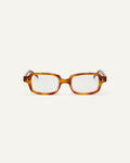 Face shot of Bonnie Clyde Mouse optical frames in yellow tortoise with clear lenses.
