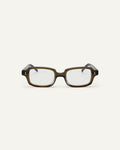 Face shot of Bonnie Clyde Mouse optical frames in dark green with clear lenses.