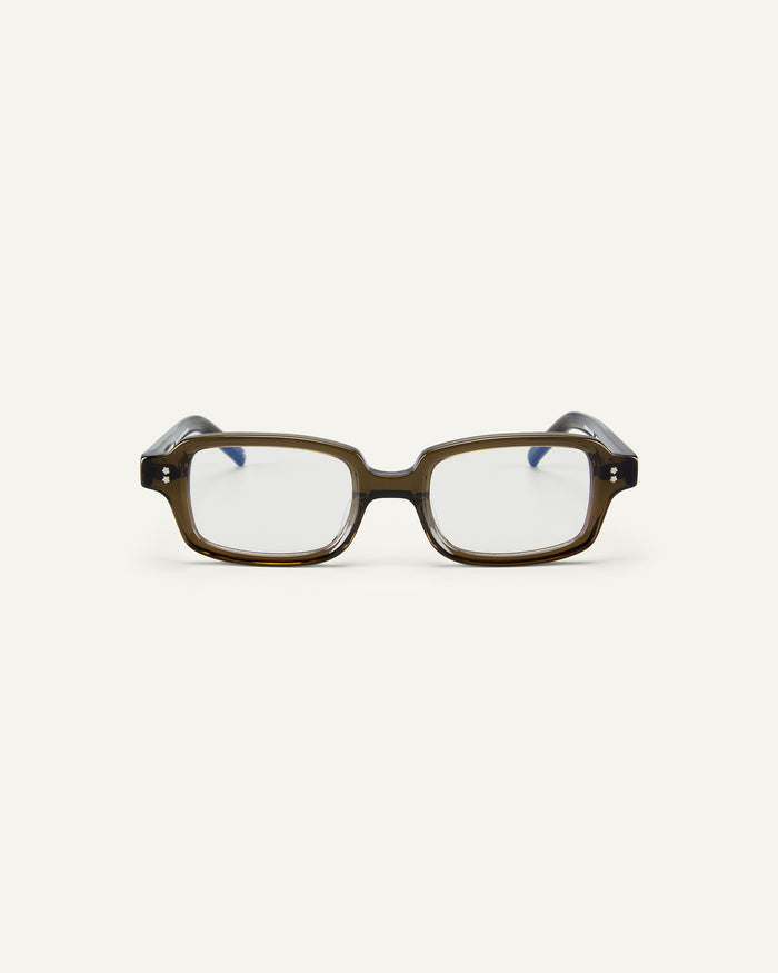 Face shot of Bonnie Clyde Mouse optical frames in dark green with clear lenses.