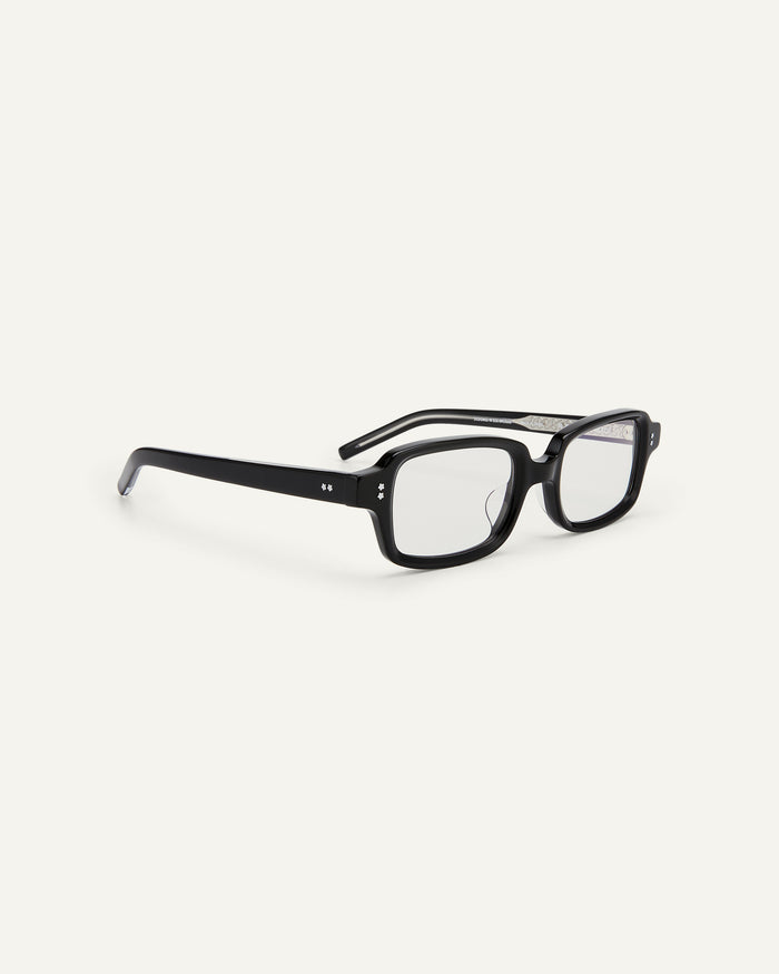 Quarter shot of Bonnie Clyde Mouse optical frames in black with clear lenses.