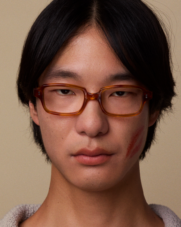 Quarter shot of Bonnie Clyde Mouse optical frames in yellow tortoise with clear lenses.