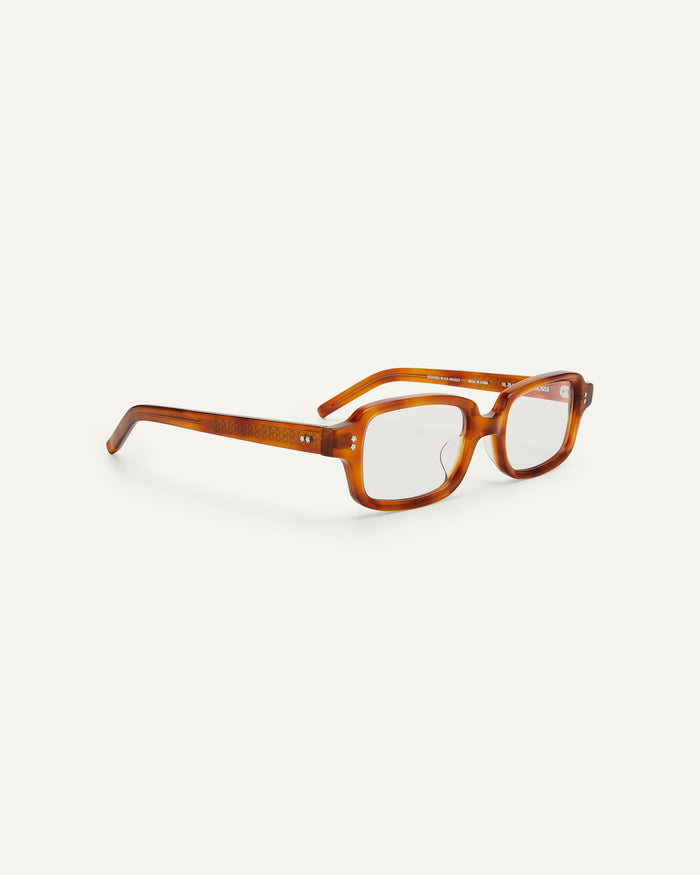Side shot of Bonnie Clyde Mouse optical frames in yellow tortoise with clear lenses.