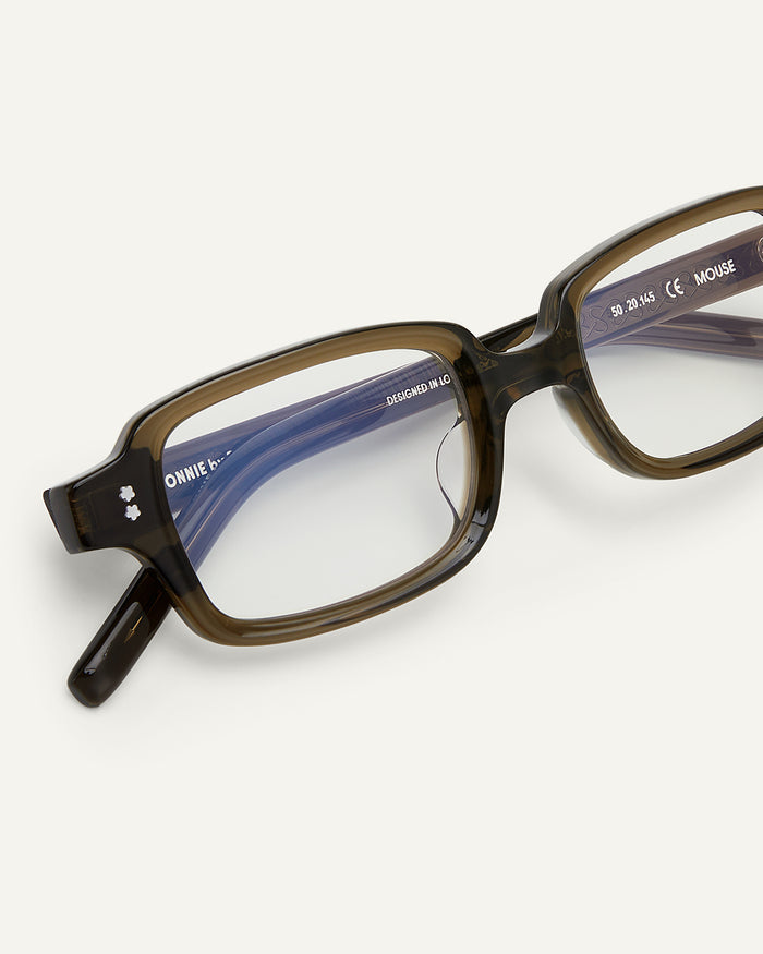 Side shot of Bonnie Clyde Mouse optical frames in dark green with clear lenses.