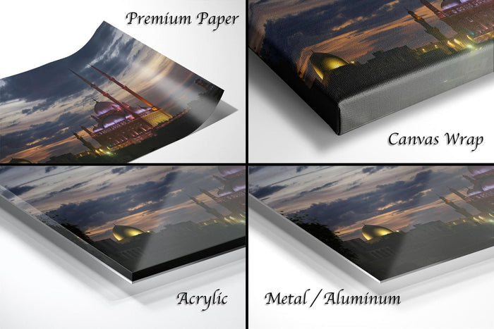 The image is a collage of four photos depicting a sunset over a city skyline, with the text "Premium Paper", "Canvas Wrap", "Acrylic", and "Metal/Aluminum" indicating the materials used for the prints.