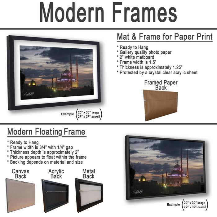 The image is a collage of two framed pictures, one of a mosque at sunset and the other of a mosque at sunset. The framed picture is a mat and frame for paper print, while the other is a modern floating frame.