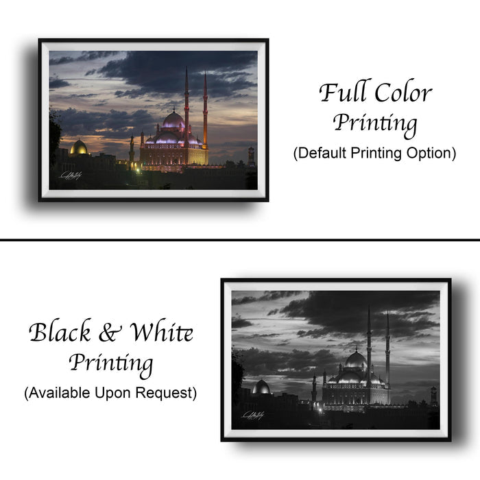 The image is a collage of two framed photographs. The top photograph is a full-color print of a mosque at sunset, while the bottom photograph is a black and white print of the same mosque. Both images feature the same mosque and are framed in the same style.