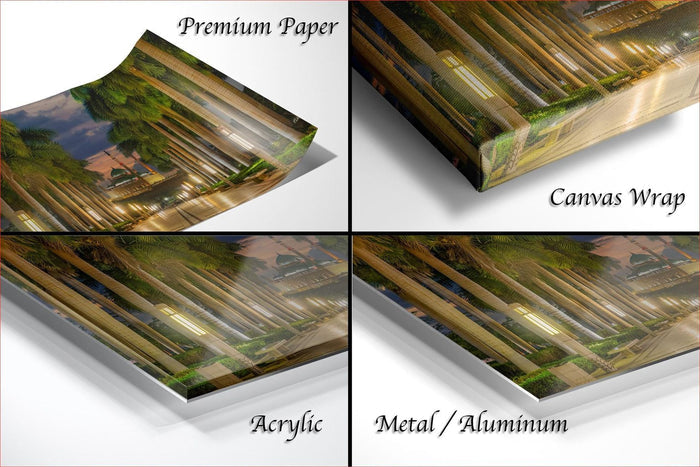 The image is a collage of four different views of a printed artwork, including a close-up of the paper, a close-up of the canvas wrap, and three different angles of the artwork itself.