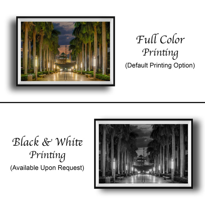 The image is a collage of two framed pictures. The top picture is a full color print of a palm tree-lined street at night, while the bottom picture is a black and white print of the same street at night. Both pictures are framed and available upon request.