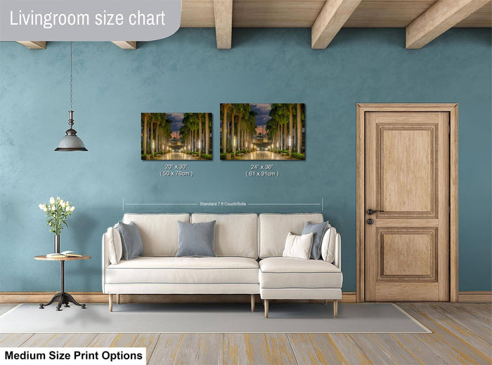 a living room with a white sofa, a wooden door, and a painting of a tropical scene on the wall.