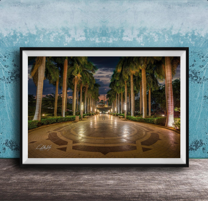 A framed photograph depicting a serene nighttime scene of a palm-lined walkway with a circular pattern, illuminated by warm lighting.