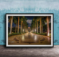 A framed photograph depicting a serene nighttime scene of a palm-lined walkway with a circular pattern, illuminated by warm lighting.