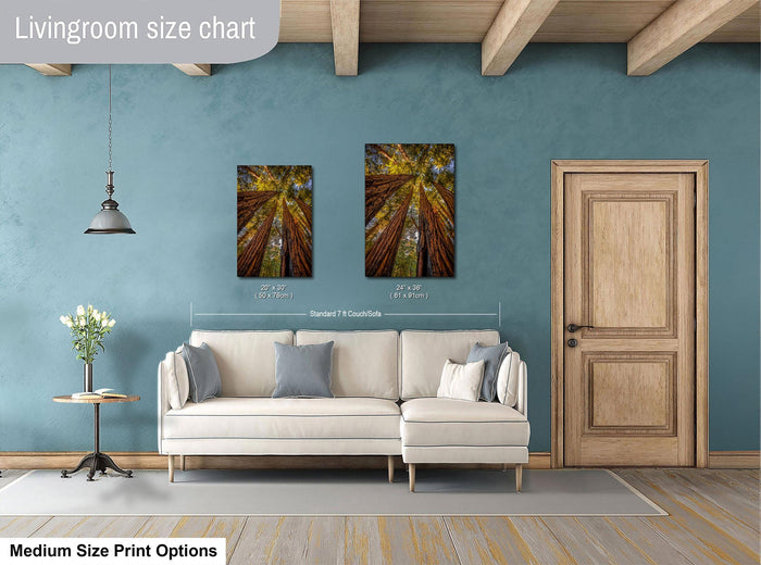 a living room with a white sofa, a wooden door, and a painting of a forest scene on the wall.