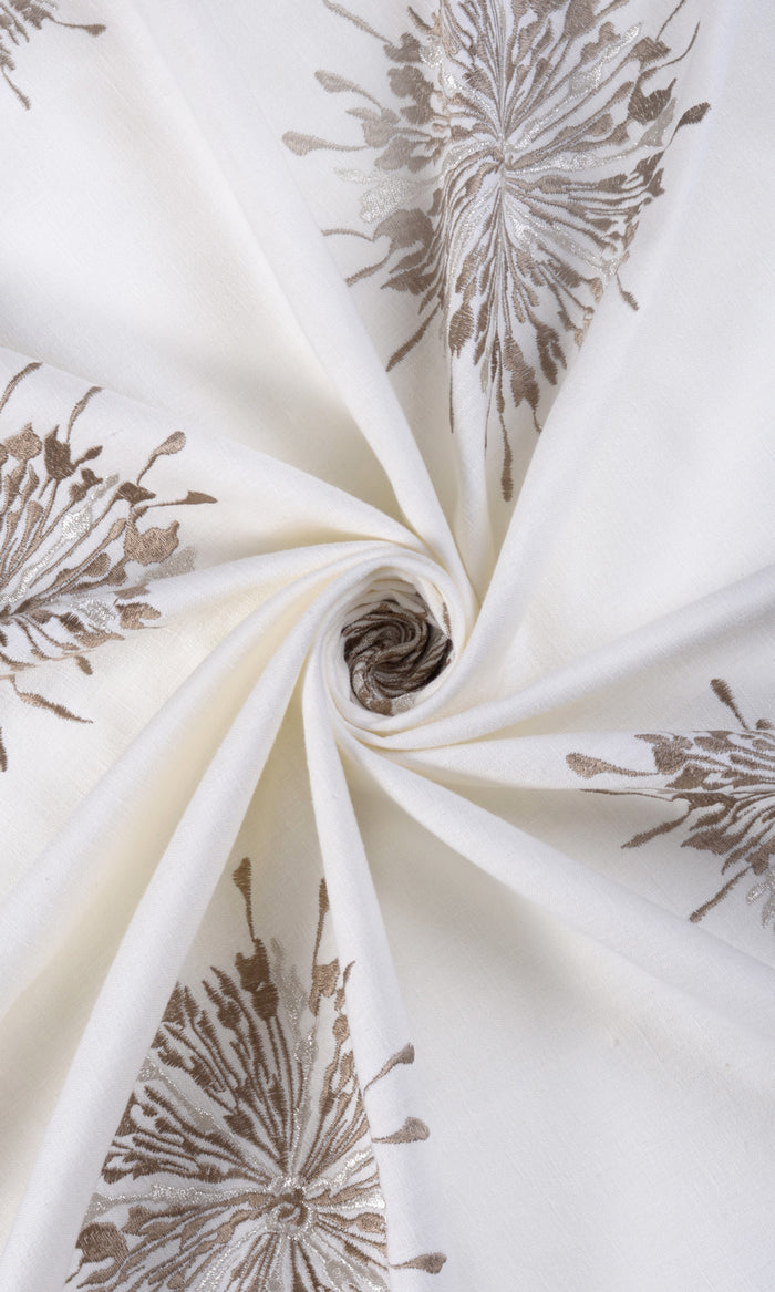 Sunburst Embroidered Home Textile Fabric Material By the Metre (White/ Coffee Brown)