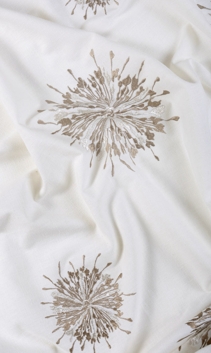 Sunburst Embroidered Fabric Material By the Metre (White/ Coffee Brown)
