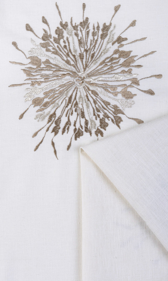 Sunburst Embroidered Fabric By the Metre for Curtains & Drapes (White/ Coffee Brown)